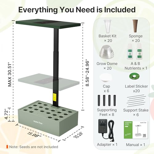 SUNCOZE Hydroponics Growing System 20 Pods, 25" Adjustable Height, 10L Tank - color: Avocado Green