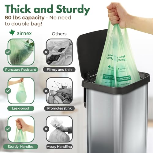 AIRNEX Compostable Kitchen Trash Bags 13 Gal - Cornstrarch Leakproof & Tear Resistant 50 Compost Bags - OK Compost Home & Seedling Certified 0.25 mm Kitchen Garbage Bags - style: 13 Gal, 50 Pack