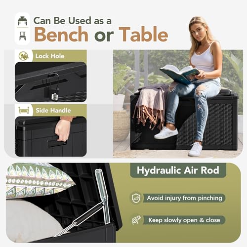 Flamaker Deck Box 98 Gallon Waterproof Resin Storage Box with Cushion - color: Black, size: 98 Gallon