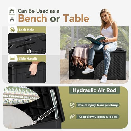 Flamaker Deck Box 98 Gallon Waterproof Resin Storage Box with Cushion - color: Black, size: 98 Gallon