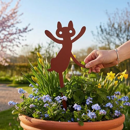Metal Garden Decor Dancing Cat Plant Stake for Flower Pots, Steel