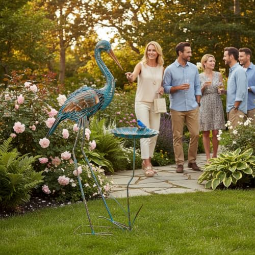 Metal Crane Garden Statue for Outside with Leaf Tray - color: Gold & Blue-crane