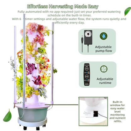 Hydroponic Garden Tower with LED Lights, 32 Pods, Auto Watering System