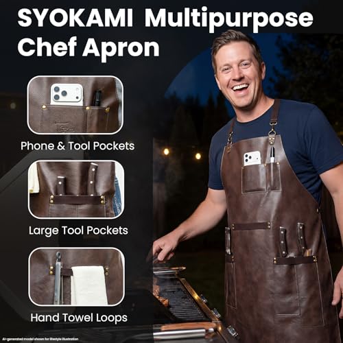 SYOKAMI Bonded Leather Apron for Men, Chef & Grilling Apron, Cross-Back