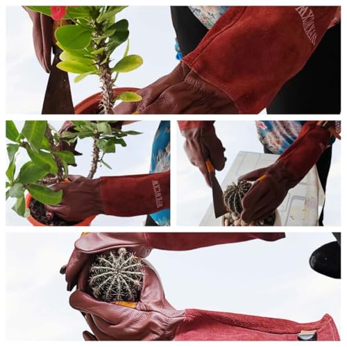 Cow Leather Adjustable Thorn Proof Gardening Gloves - color: Brown, size: Medium