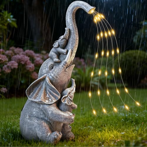 Solar Garden Outdoor Statue with 35 LED Lights, Elephant Figurine for Patio, Balcony, Courtyard, Lawn Ornaments, Unique Valentine's Day Birthday Gift for Women, Mom, Grandma, Elderly - style: Elephant with String Lights