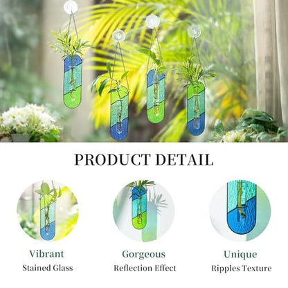 Hewory Stained Glass Window Hanging: 2PCS Propagation Stations Blue & Green - color: Blue-green