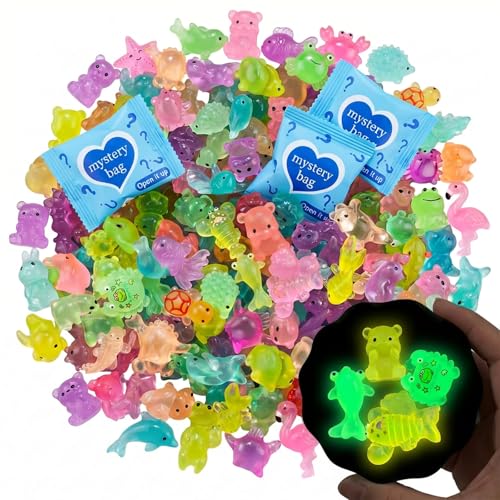 100 Pcs Mini Resin Animals Blind Bags, Glow in The Dark & Glitter Mystery Animals, Individually Wrapped Tiny Luminous Miniatures for Fairy Garden, Micro Landscape, DIY Crafts