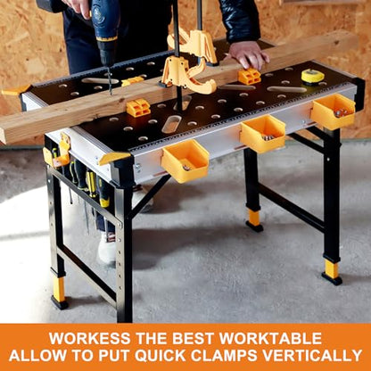 WORKESS Portable Workbench 1000Lbs Capacity 2026 Upgraded Adjustable 5 Level Height Heavy Duty Folding Work Table with 2 Quick Clamps, 4 Bench Dogs, 3 Tool Boxes for Garage Easy Storage - style: Adjustable Height
