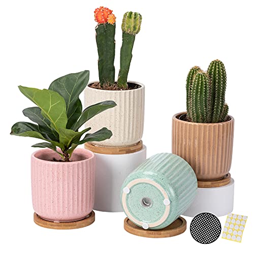 4 Inch Ceramic Multicolor Pots with Saucer and Drainage Hole, 4P - color: Stripe Multicolor