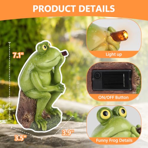 Frog Garden Statue with Solar Light for Outside, Funny Frog Figurine