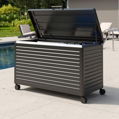 MIRADOR 134 Gallon Outdoor Storage Box with Wheels & Soft-Close Lid, Waterproof Metal Deck Box for Patio Cushions, Garden Tools & Pool Accessories, Charcoal - color: Charcoal, size: 134 Gallon