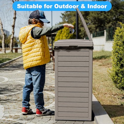 Outdoor Trash Can with Lid, Outdoor Trash Bin & Pull-Out Liquid Drawer, Dual Lid Closure Design, Waterproof Resin Garbage Can Container for Patio, Backyard, Deck (Grey, 38 Gallon)