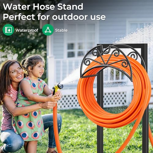 TomCare Garden Hose Holder, Heavy Duty Stand for 160FT Hose with 4 Spikes - color: Deep Black, size: 15.2″ W
