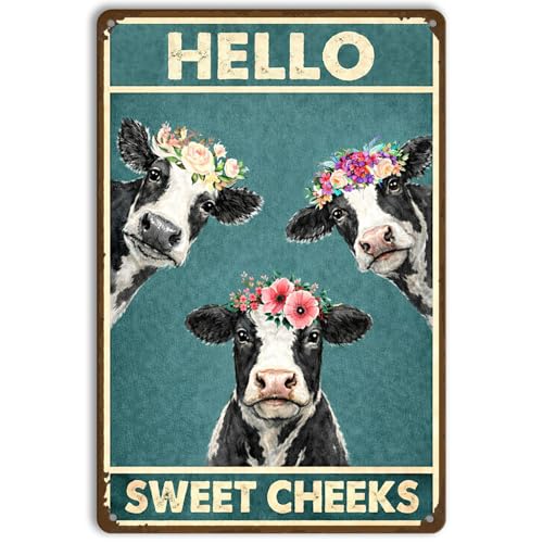 Bathroom Wall Decor Metal Tin Sign – Hello Sweet Cheeks Funny Cow Wall Art, Farmhouse Restroom Decor 12x8 Inch - color: D