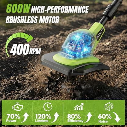 6000mAh Brushless Cordlees Tiller for Gardening,9" Width 7" Depth