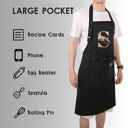 Apron for Women with Pockets, Initail Gardening Apron with Adjustable Straps, Large Pockets & Cross Back Design - color: Bk-s