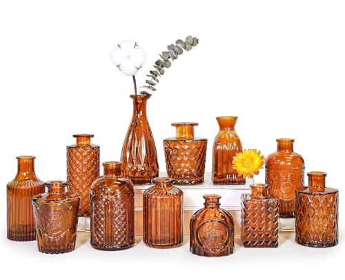SUPMIND Glass Bud Vases Set of 12, Small Dark Brown Flower Vases in Bulk - color: Amber, size: 12Pcs