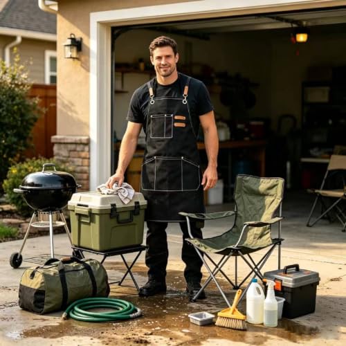 Canvas Tool Apron, Heavy Duty Multi-Pocket, Crossback Adjustable - color: Black