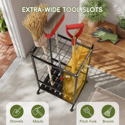 Garden Tool Organizer with Leveling Feet, Yard Tool Tower Rack for Garage Organization, Up to 25 Long-Handled Tools/Rakes/Brooms for Shed, Outdoor, Black