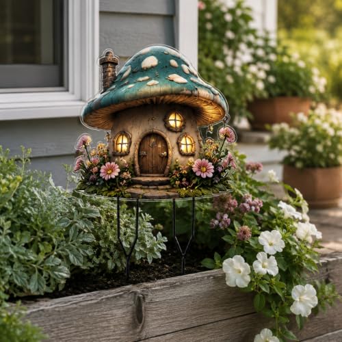 Garden Stakes, 2D Acrylic Teal Mushroom House Decorative Stake, Windows Floral Outdoor Ornament for Patio Planters Flower Beds Landscaping Decor - color: Blue Mushroom House