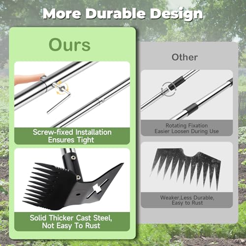 Large Weed Puller Tool with Long Handle, Garden Hoe & 10 Teeth Weed Rake - size: Large