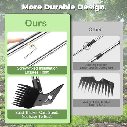 Large Weed Puller Tool with Long Handle, Garden Hoe & 10 Teeth Weed Rake - size: Large