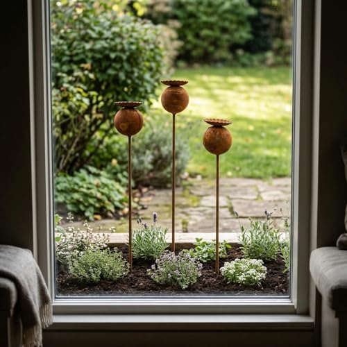 Set of 3 Rustic Metal Coneflower Garden Stakes,Rusty - color: Coffee