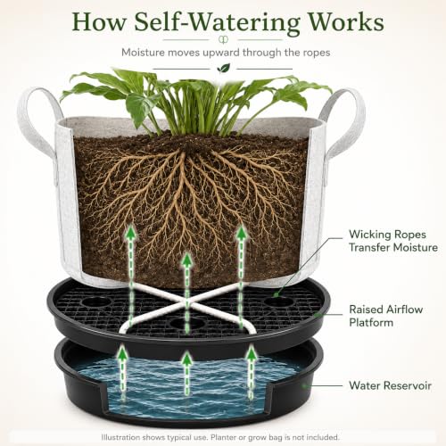 Self Watering Plant Saucers 4 Pack, 13.6 Inch Plastic Plant Saucers with Raised Grid Platforms and 8 Wicking Ropes, for Plant Pots, Fabric Grow Bags, Indoor and Patio Planters, Black