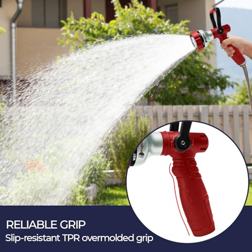 HugeDawn Garden Hose Nozzle, 6 Spray Patterns Heavy Duty Metal Water Nozzle with High Pressure for Watering, Cleaning, Washing (Red) - color: Red