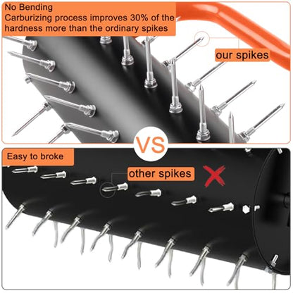 21" Rolling Lawn Aerator, 45 Preassembled Spikes, Only Needs 3-5 Minutes to Assemble, No Looseness, Good Package, 75" Long Handle with Quick Clip Connections, U-Shape Construction - Orange. - size: Orang
