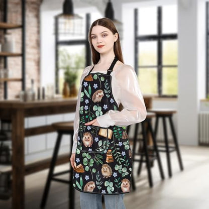 WSNANG Hedgehog Cooking Kitchen Apron With Pockets Hedgehogs, Books & Botanicals Apron Hedgehog Lover Gifts