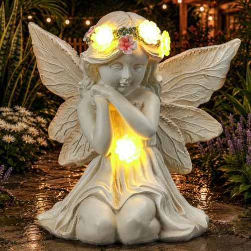 Solar Angel Garden Statue Outdoor Decor for Halloween, Fairy Figurine with Garland Flower Light, Cemetery Decoration for Grave, Yard, Patio, House Warming Birthday Gifts for Women, Mom - color: White-angel01