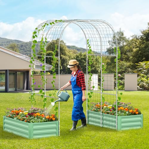 3 in 1 Galvanized Raised Garden Bed with 87" H Arch Trellis - color: Cyan Green, size: 47.3" Lx 24" Wx 12"H