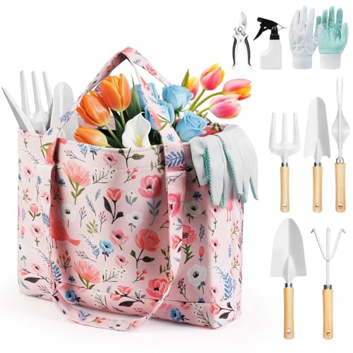 Grenebo 10-Piece Gardening Tool Set with Floral Bag, Pink White - color: Pink White