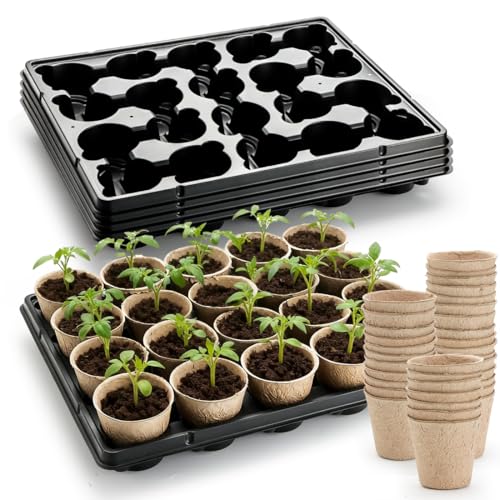 RooTrimmer 3.15 Inch Peat Pots 100 Pcs with 20 Cell Seedling Trays 5 Pcs, Biodegradable Seed Starter Pots with Drainage, Reusable Nursery Tray for Seed Starting Indoor Gardening Propagation Kit 5 Sets - color: Black, size: 3.15 Inch Peat Pots 100 Pack Wit