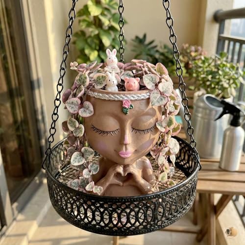 Face Planter Pot with Heart Hands Indoor Plants Resin Head Planter, Brown - color: Brown