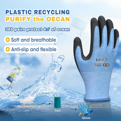 KDK Gardening Gloves for Women and Men, ECO Recycled Polyester Work Gloves with Latex Coating - color: Ocean Blue