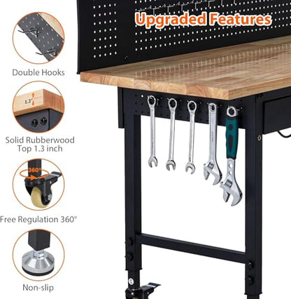 Workbench 60" x 22" Adjustable Height Worktable, Heavy Duty Rubber Wood Top, 2000 LBS Load Capacity, Tool Storage Workstation with Drawer, Pegboard, Power Outlets & Lockable Wheels, with Drawer Back