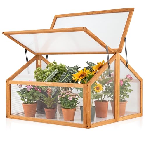 Giantex Wood Cold Frame Greenhouse, Portable Raised Flower Planter Protection with Transparent Openable Roof, Small Indoor Outdoor Hot House for Garden Sunroom Balcony, 36”x33”x23” - size: 36”x33”x23”