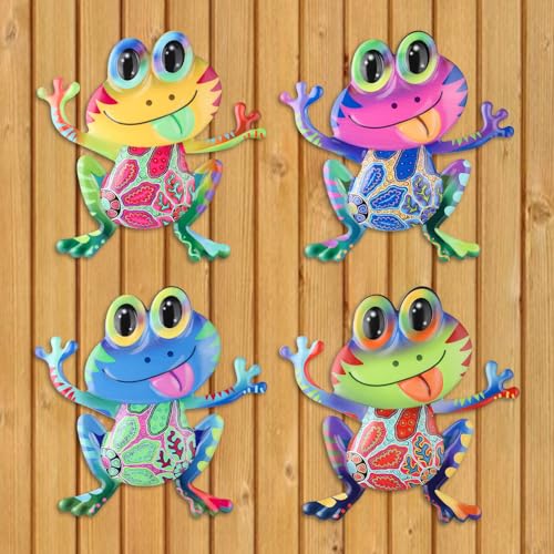 Junware Metal Frog Wall Decor, 4Pcs Frog Iron Wall Art Sculptures Art Frogs Wall Hanging Sculpture Decoration. Outdoor Fence Art for Home Garden, Fence, Patio, Yard, Bedroom Outside Gifts for Adults - color: Frog-4Pcs