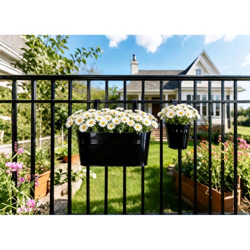 4 Pack Mixed Size Metal Fence Planters Set with Detachable Hooks, Black - color: Black, size: Oval*2 + Round*2