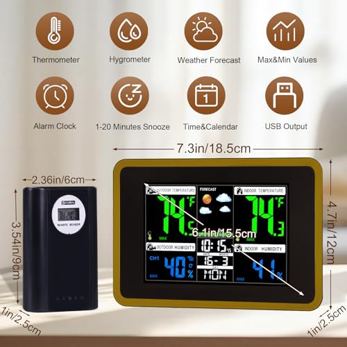 Weather Station Wireless Indoor Outdoor Thermometer, Alarm Clock - color: Black&Brown