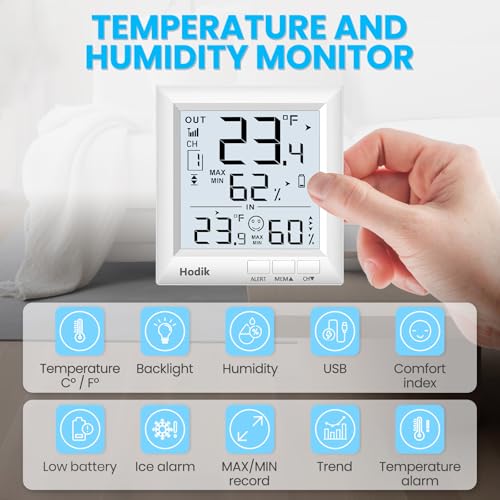 Indoor Outdoor Thermometer Wireless Weather Station (White) | Temperature Humidity Monitor Inside Outside Room Remote Digital Thermometers with 330ft Range Sensor Backlight Display
