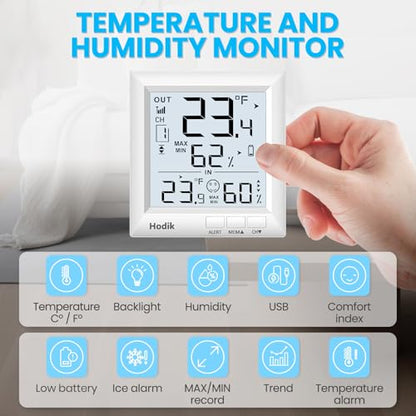 Indoor Outdoor Thermometer Wireless Weather Station (White) | Temperature Humidity Monitor Inside Outside Room Remote Digital Thermometers with 330ft Range Sensor Backlight Display