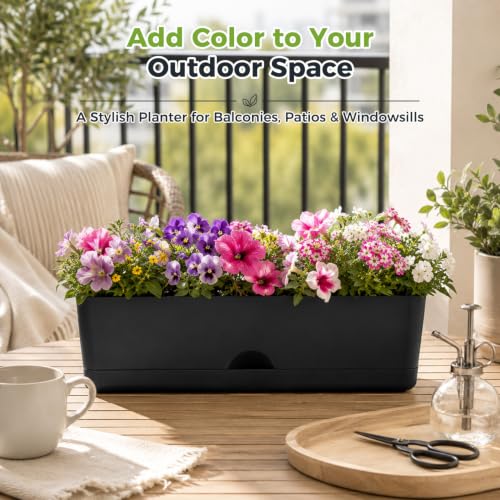 6 Pack Rectangle Planter 16x4.4 Inch Window Boxes Planters Rectangular Window Sill Planters Indoor Self Watering Plant Pots with Drainage Holes and Saucers Succulent Herb Flower Pots, Black - color: Black