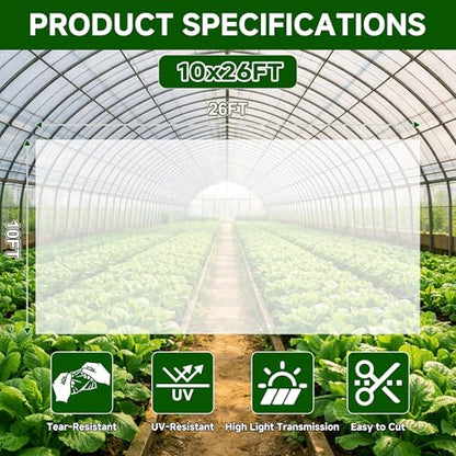 10x26ft Greenhouse Plastic Sheeting, 6 mil Clear Polyethylene Film Cover