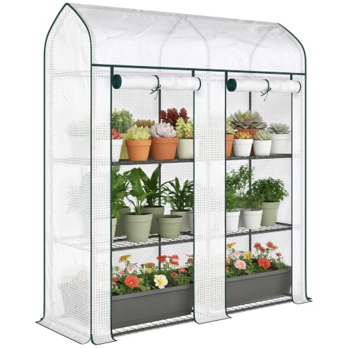 Outsunny 3 Tier Mini Greenhouse 2 Roll-up Doors 56.3" x 18.1" x 65" White - color: White
