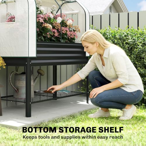 Outsunny Galvanised Raised Garden Bed with Greenhouse Cover, Black - color: Black