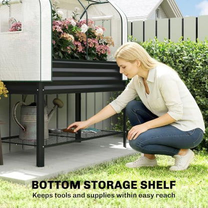 Outsunny Galvanised Raised Garden Bed with Greenhouse Cover, Black - color: Black